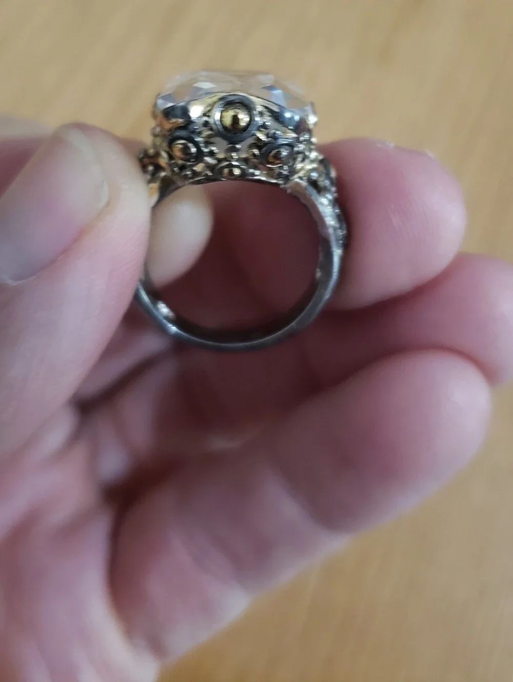 Vintage-Style Clear Crystal Ring with Gold Accents